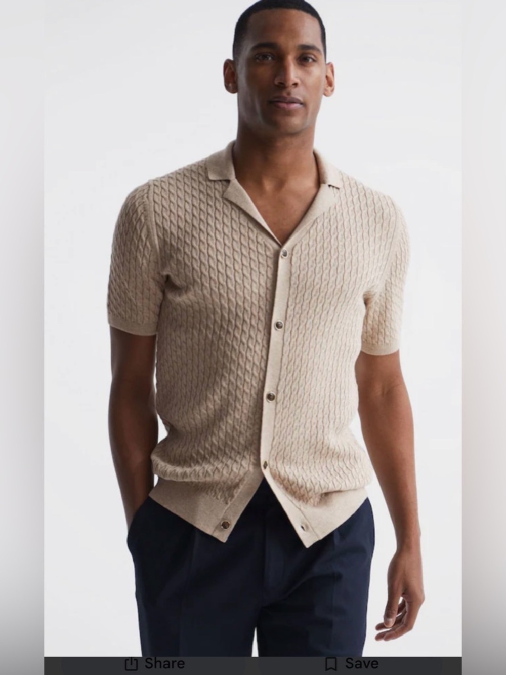 Reiss Oatmeal Melange Grande Cable Knit Cuban Collar Button Through Shirt M